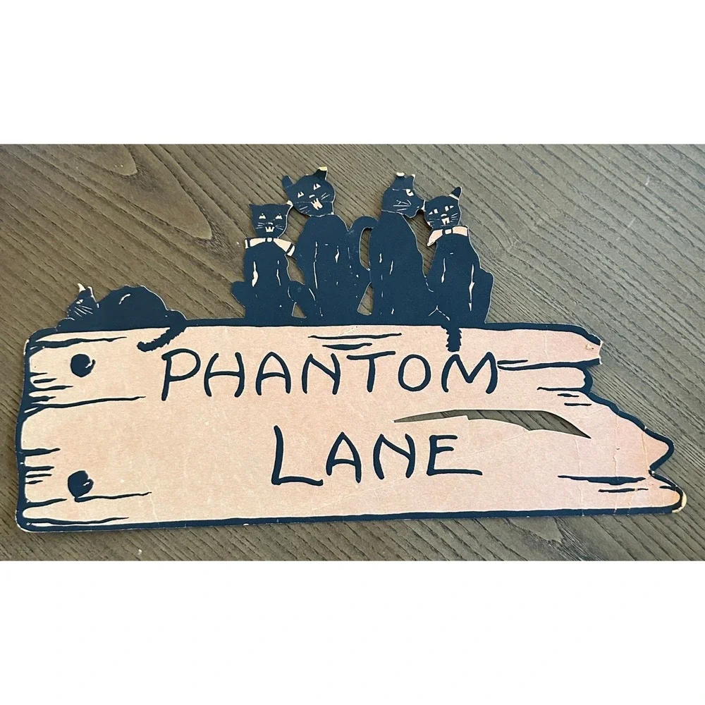 Vintage Halloween Beistle(?) Phantom Lane Black Cats Sign Decoration 14in *READ*